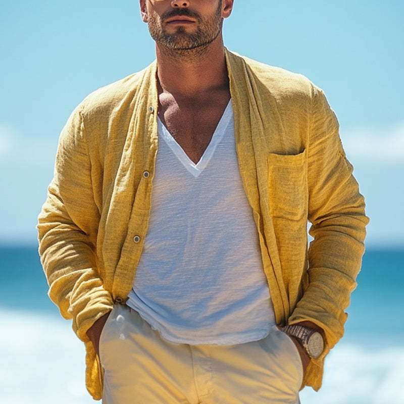 Men's Casual Bright Yellow Cotton And Linen Long Sleeve Shirt