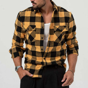 Camisa de manga larga con solapa y bolsillo a cuadros estilo retro informal para hombre