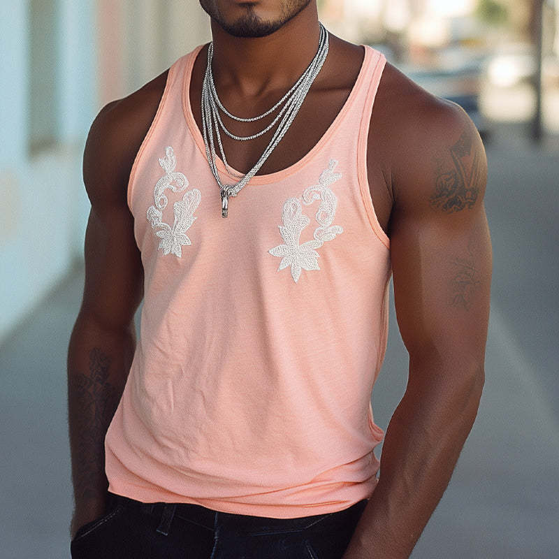 Lässiges Tanktop für Herren mit Rundhalsausschnitt und rosa Stickerei für den Sommer