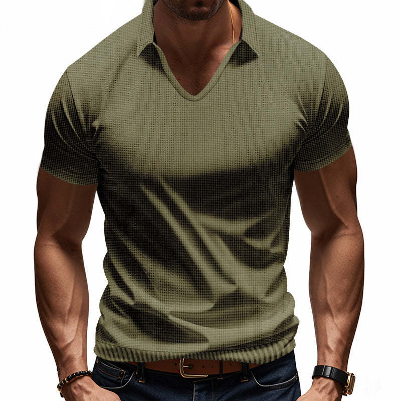 Men's Solid Color Waffle Lapel Short Sleeve POLO Shirt MTA0158D6X