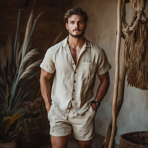 Men's Casual Linen Lapel Short Sleeve Shirt Elastic Waist Shorts Set