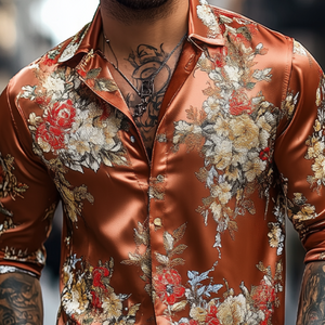 Men's Spring And Summer Fashionable Retro Printed Satin Long Sleeve Shirt