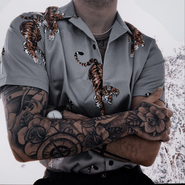 Camisa informal de manga corta de algodón con estampado de tigre para hombre, de primavera y verano
