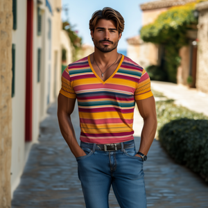 Camiseta informal de algodón a rayas en contraste, cuello en V y manga corta para hombre