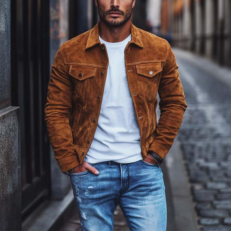 Klassische, lässige Wildlederjacke mit mehreren Taschen und schmaler Passform für Herren
