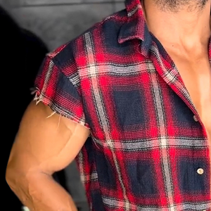 Herren Retro Casual Leinen Plaid Print Revers Kurzarmhemd