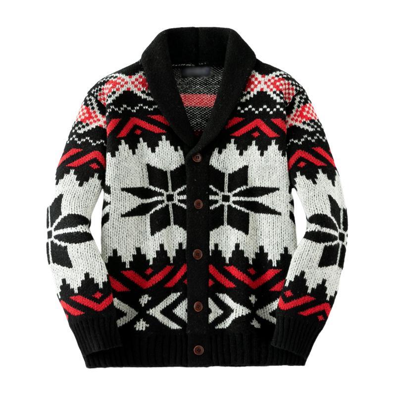 Cárdigan de punto con solapa de jacquard navideño vintage para hombre, de botonadura sencilla