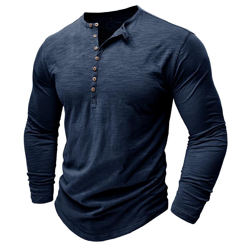 Camiseta informal de manga larga con cuello henley y múltiples botones para hombre