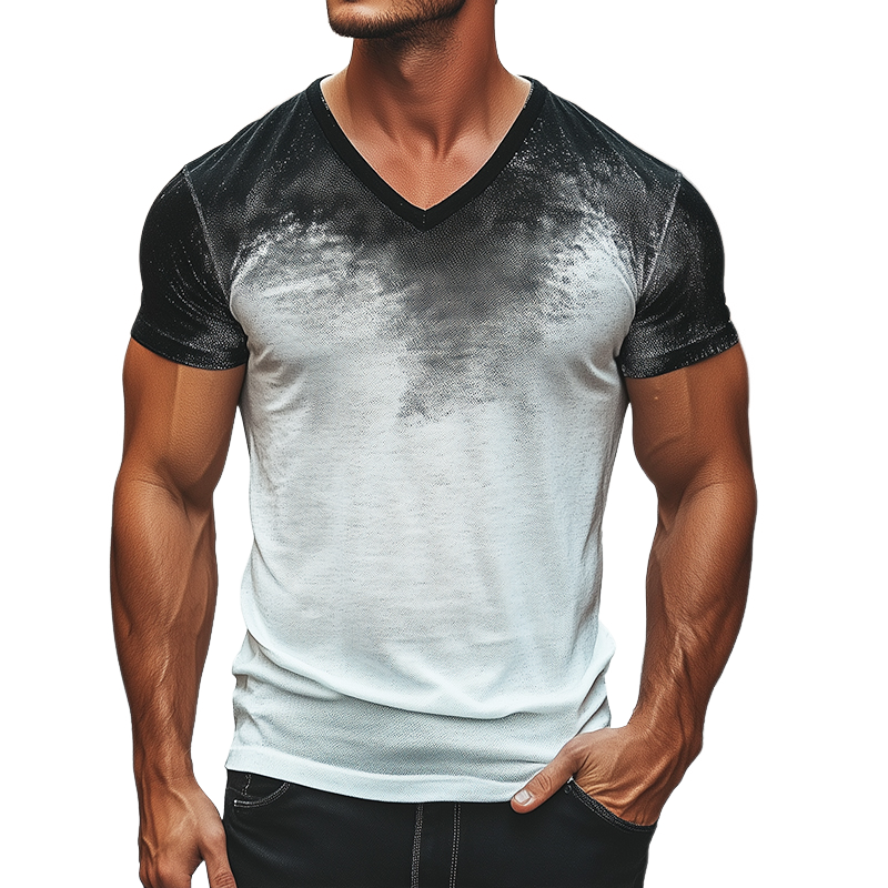 Camiseta de manga corta con cuello en V, estampado retro informal con degradado para hombre