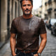 Men's Brown Crocodile Textured PU Leather Short Sleeve T-Shirt