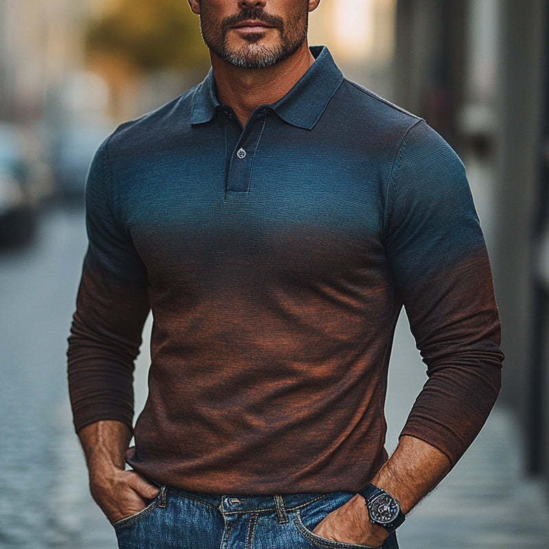 Men's Retro Gradient Colorblock Print Polo Neck Slim Fit T-Shirt