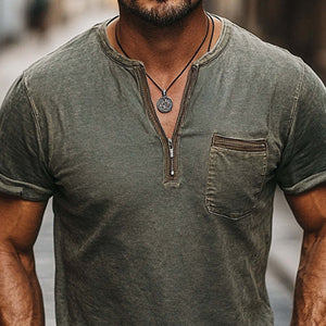 Camiseta informal verde oscuro desgastada con media cremallera para hombre, agradable para la piel