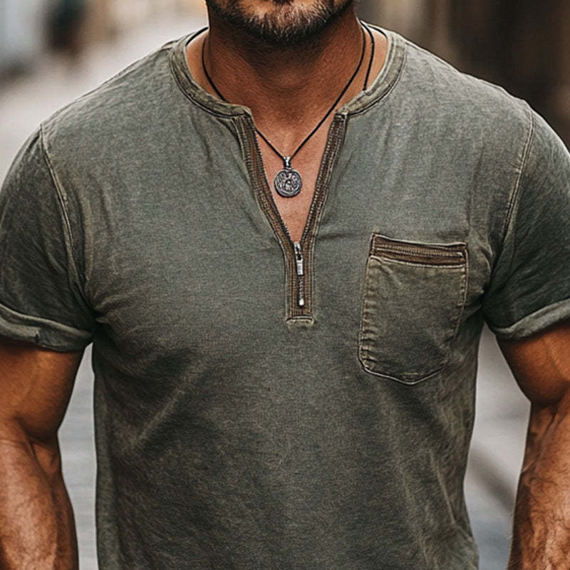 Men's Dark Green Distressed Half-Zip Casual Skin Friendly T-Shirt