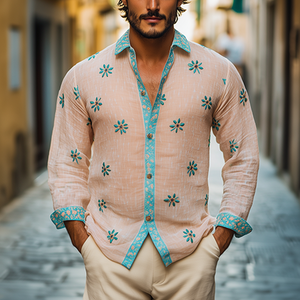 Men's Spring Fashion Premium Ramie Embroidery Long Sleeve Shirt