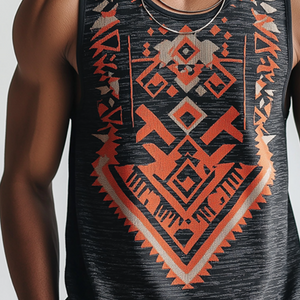 Camiseta sin mangas con cuello redondo y estampado étnico informal retro para hombre