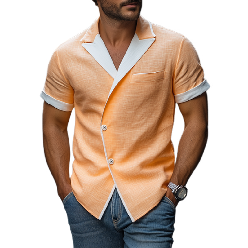 Herren Frühlings- und Sommermode Schmaler Revers Einreihiges Kurzarmhemd Aus Tencel-Baumwolle