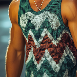 Camiseta sin mangas de cuello redondo con bloques de color de diamante estilo retro informal para hombre