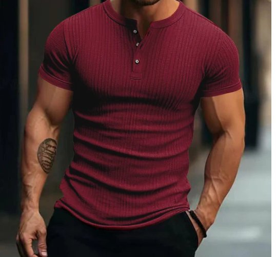 Lässiges Henley-T-Shirt aus Stretch-Strick für Herren, kurzärmelig