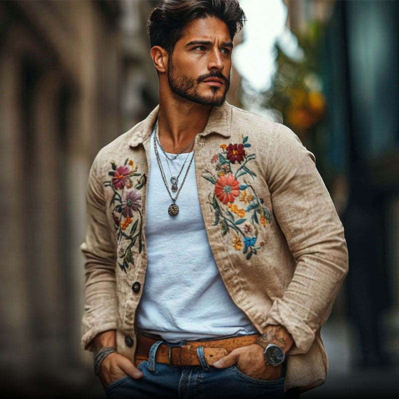 Camisa informal de lino con solapa bordada y manga larga suelta para hombre