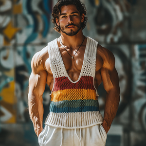 Men's Casual Deep U Neck Contrast Striped Soft Knit Tank Top