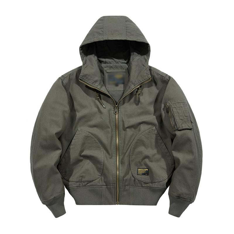 Men's Casual Cotton Loose Hooded Zipper Bomber Jacket