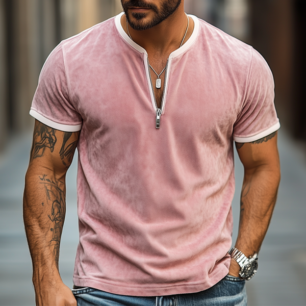 Camiseta de manga corta de gamuza con cuello en V y cremallera para hombre, de moda de primavera y verano