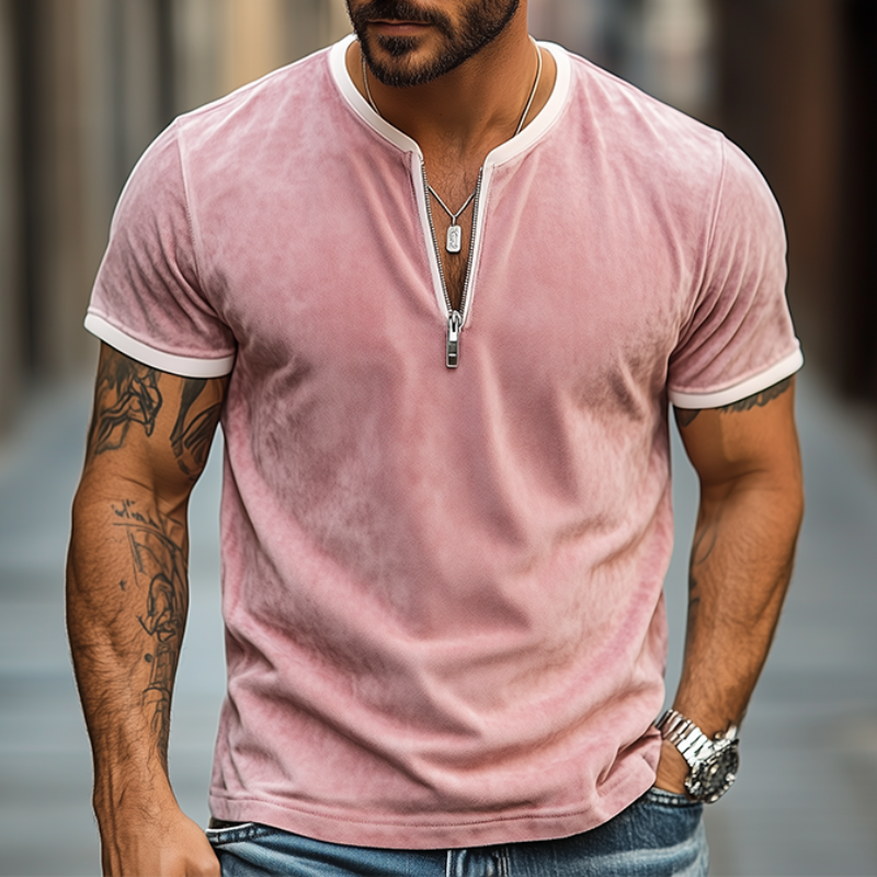 Camiseta de manga corta de gamuza con cuello en V y cremallera para hombre, de moda de primavera y verano