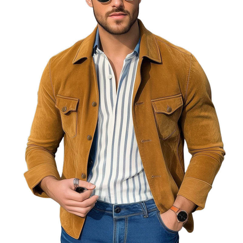 Camisa básica de ante caqui para hombre, primavera y otoño