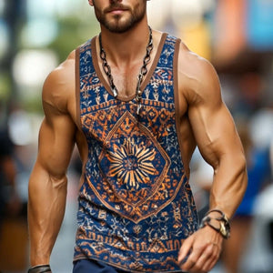 Men's Retro Casual Ethnic Style Geometric Print Round Neck Tank Top