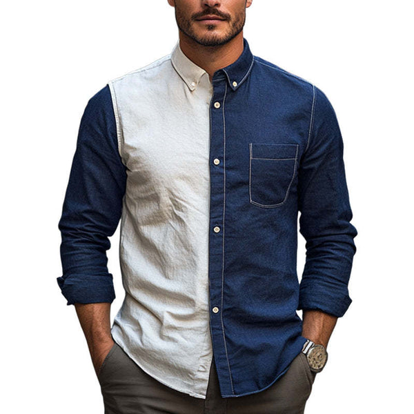 Camisa de algodón y lino con costuras en contraste para hombre, primavera y otoño