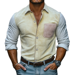 Camisa informal de manga larga con empalme de gamuza ajustada de moda de primavera para hombre