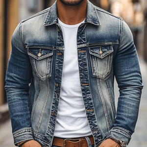 Herren Vintage Denim Heavy Wash Einreihige Slim Fit Jacke