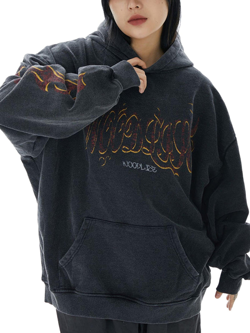 Flame Letter Washed Hooded Sweatshirt