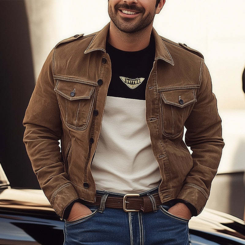 Men's Vintage Brown Washed Denim Jacket