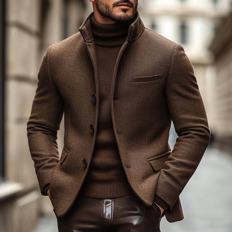 Men's Vintage Wool Blend Stand Collar Single Breasted Slim Blazer