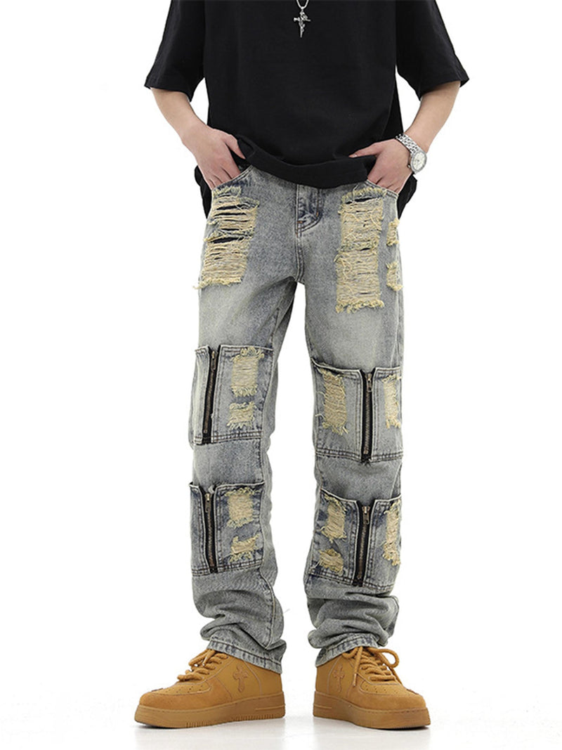 High Street Washed And Torn Work Pockets Denim Pants