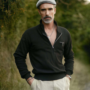 Men's Stylish Black Half-Zip Stand Collar Sweatshirt