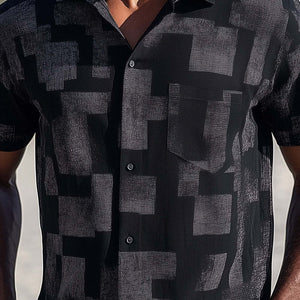 Men's Simple Printed Cotton And Linen Short-Sleeved Shirt