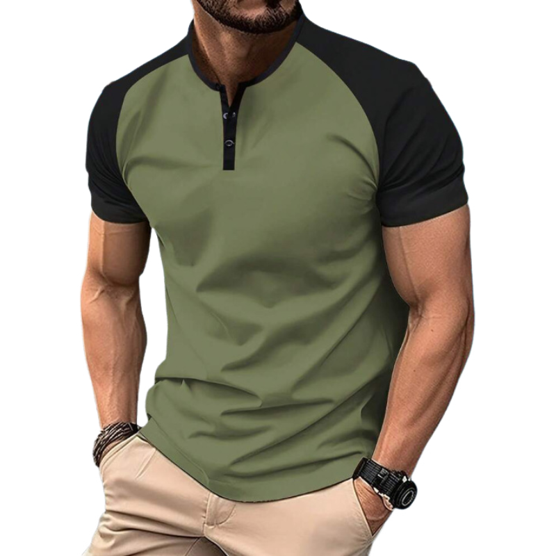 Lässiges Herren-T-Shirt aus Baumwolle mit Kontrastfarbe, Henley-Kragen, Raglanärmeln und schmaler Passform