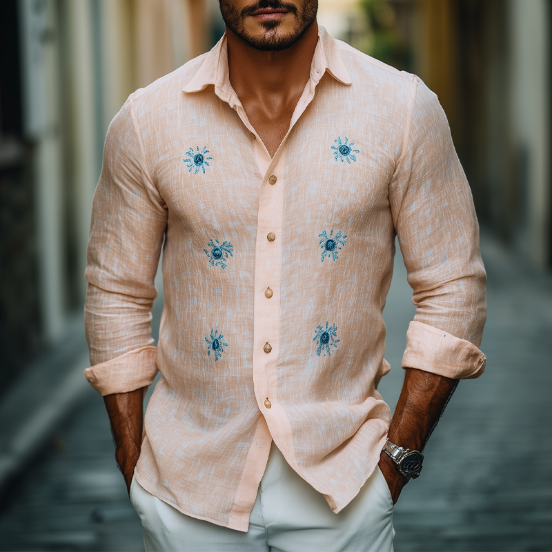 Men's Spring Fashion Casual Ramie Embroidery Long Sleeve Shirt