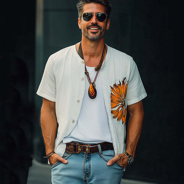 Camisa informal de verano de algodón con bordado de manga corta para hombre