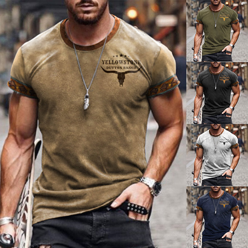 Men's T-shirt Vintage Western National Style Print Pattern Summer Short-sleeved Color Matching Round Neck Tee