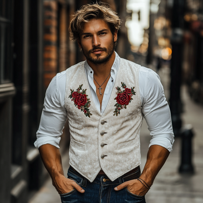 Klassische, lässige Weste für Herren im amerikanischen Retro-Stil aus Samt mit Rosenstickerei