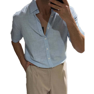 Camisa informal de manga corta con solapa de algodón y lino para hombre