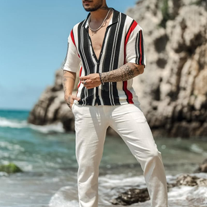 Polo de manga corta con solapa y rayas de punto para hombre