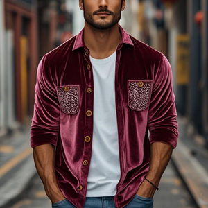 Men's Spring Fashion Retro Embroidery Velvet Long Sleeve Shirt