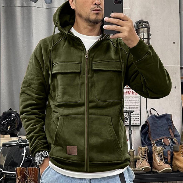 CROSS BORDER AUTUMN AND WINTER ZIPPER NEW MEN'S HOODED SOLID COLOR LOOSE YOUTH SPORTS MULTI POCKET LEATHER SWEATSHIRT OUTER SET