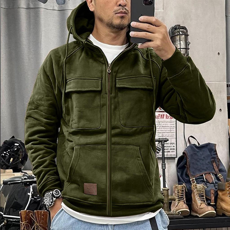 CROSS BORDER AUTUMN AND WINTER ZIPPER NEW MEN'S HOODED SOLID COLOR LOOSE YOUTH SPORTS MULTI POCKET LEATHER SWEATSHIRT OUTER SET