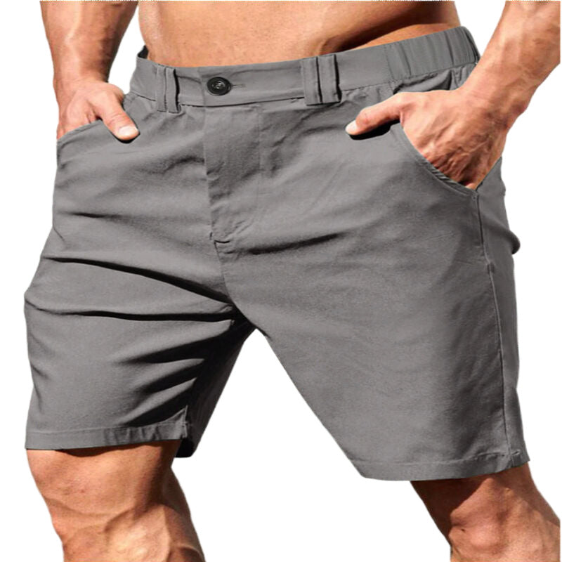 MEN'S SOLID COLOR CASUAL ELASTIC WAIST ZIPPERED POCKET SHORTS