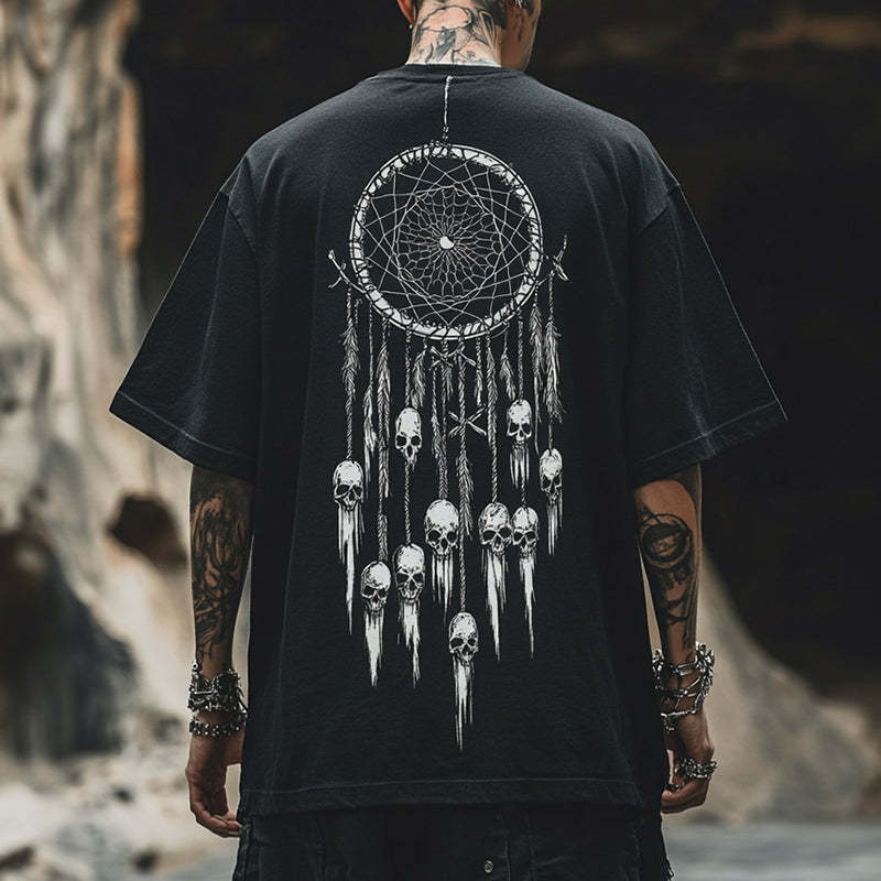 Men's Retro Casual Dreamcatcher Skull Print Round Neck Short Sleeve T-Shirt MTA2152C7TO